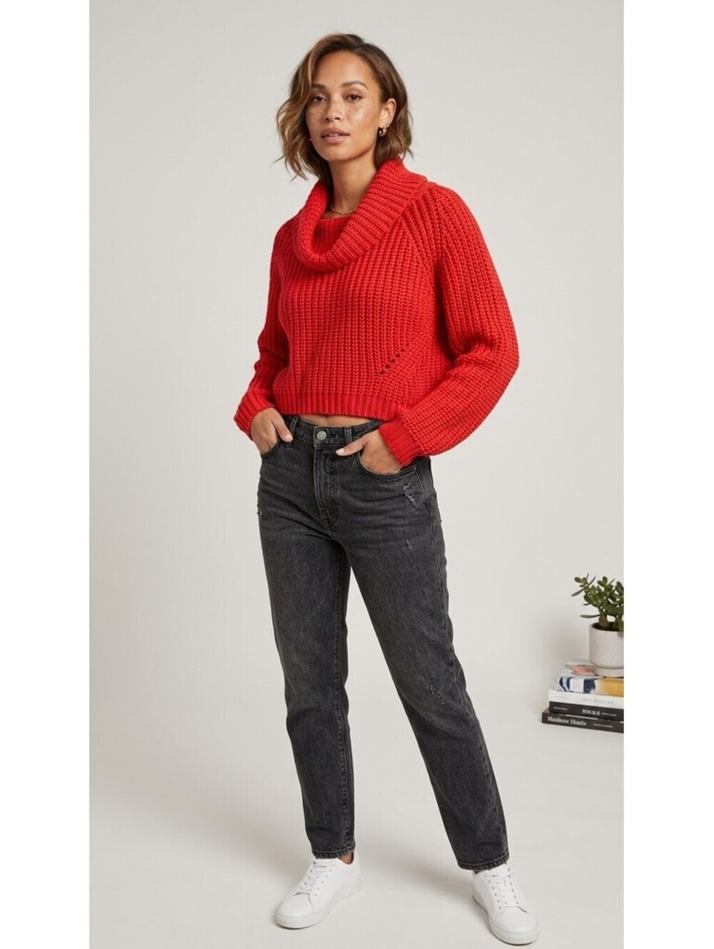Moon & Madison Red Chunky Knit Cowl Neck Sweater, Size M